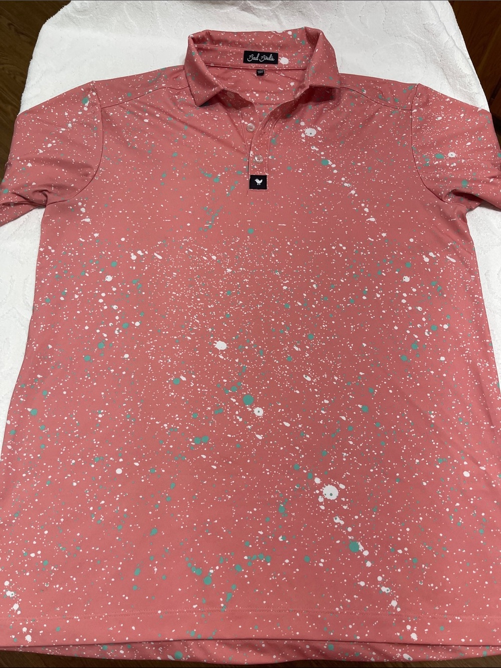 Bad Birdie Golf Polo Paint Splash Salmon Colored - Sz M